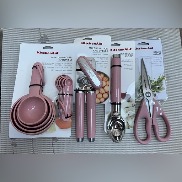 KitchenAid Pink Bundle Scissors Measuring Spoons and Cups Can Opener and Scoop